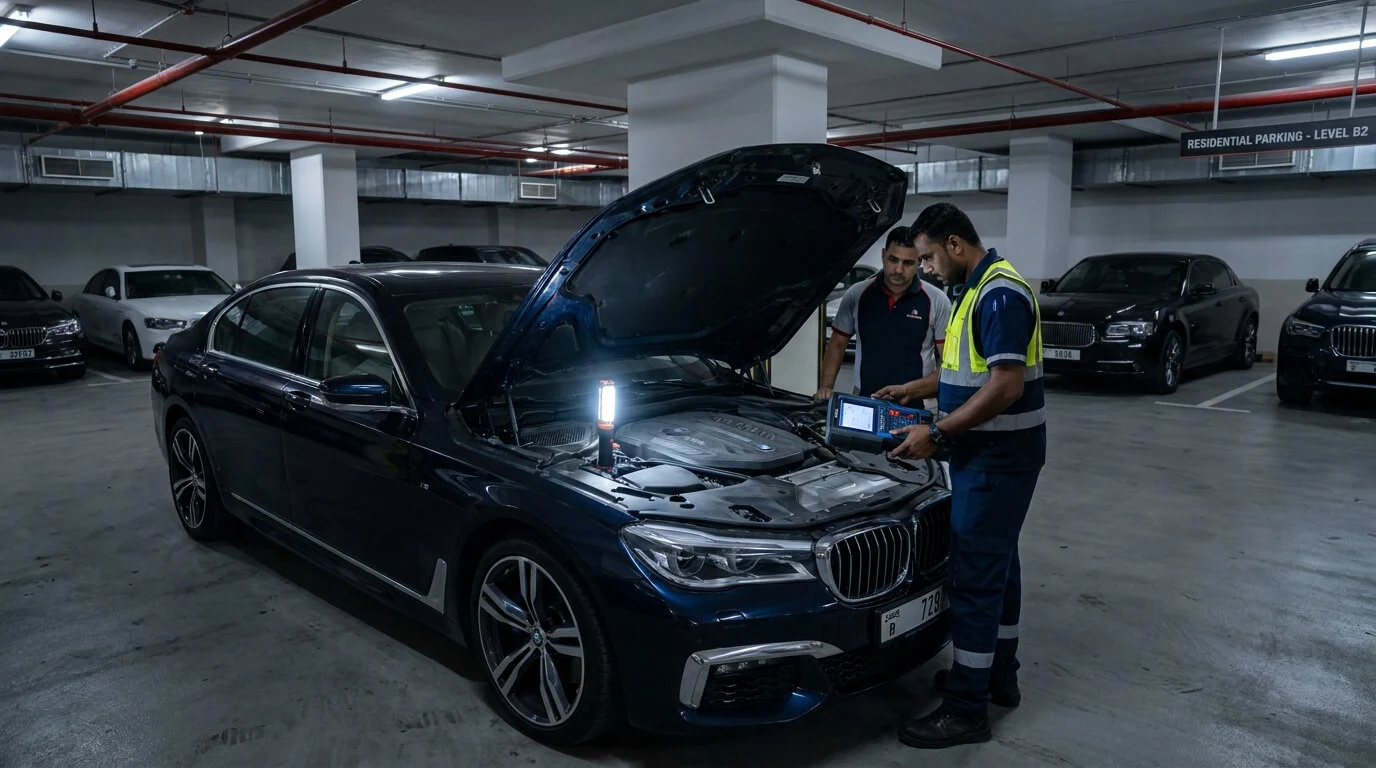 Mechanic testing a dead car battery in a basement parking garage in Dubai Marina