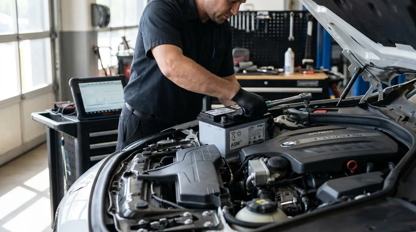 Professional installation of a new car battery in a BMW with expert service