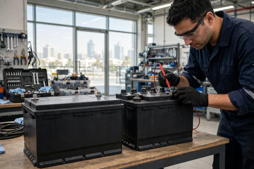 Mechanic checking two car batteries on a workshop bench in Dubai for AGM battery vs normal battery