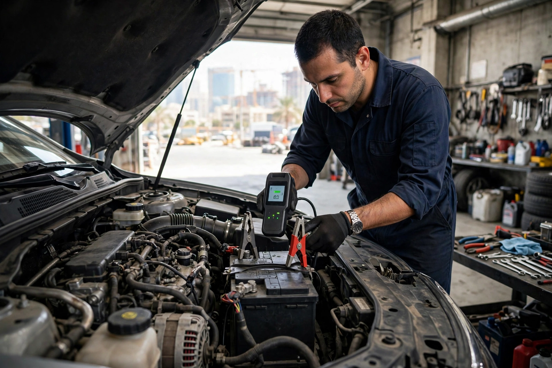 Mechanic testing a car battery with a handheld tester in a Dubai workshop for AGM battery vs normal battery