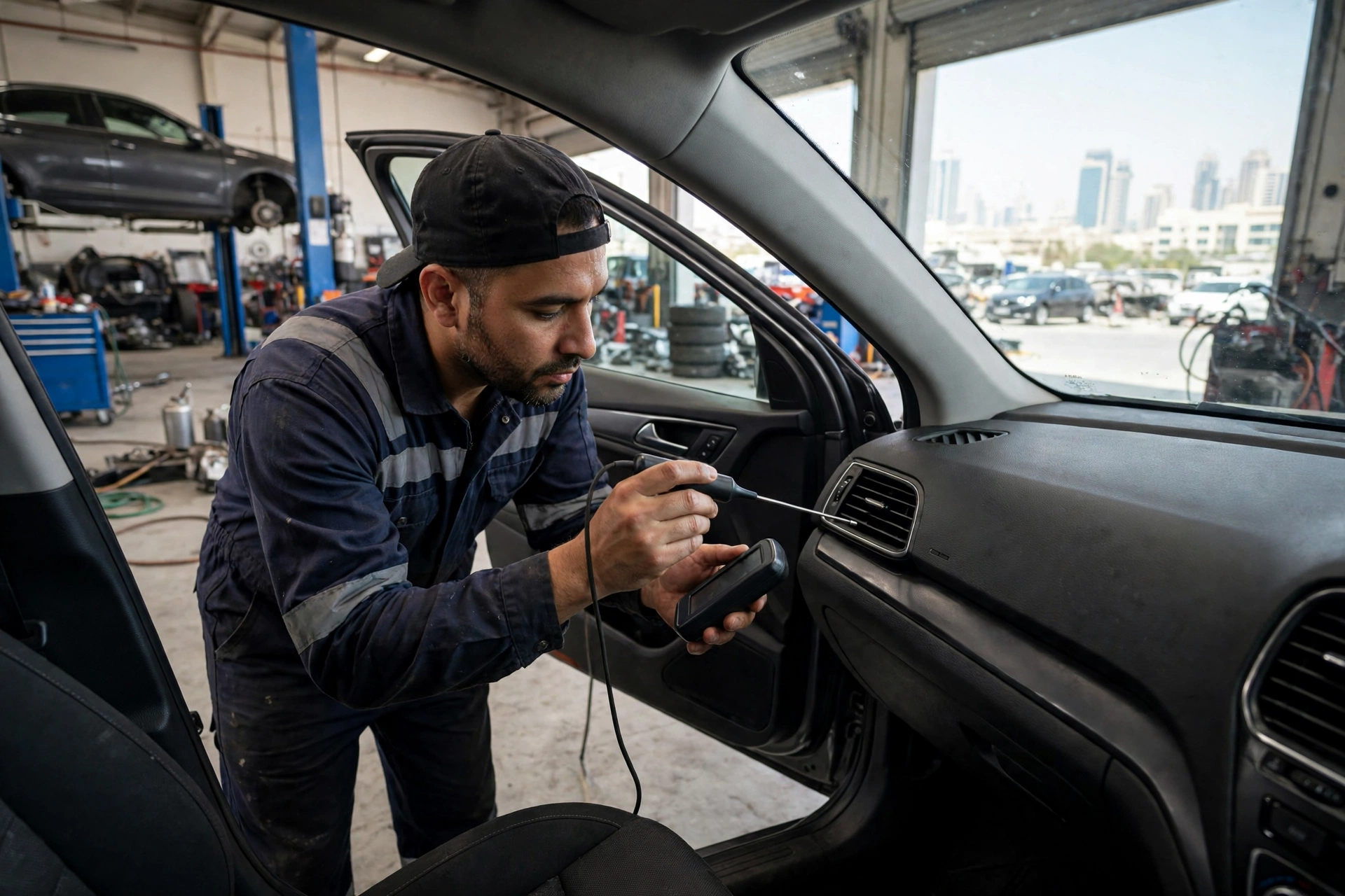 Mechanic checking car AC cooling at the vent in a Dubai workshop
