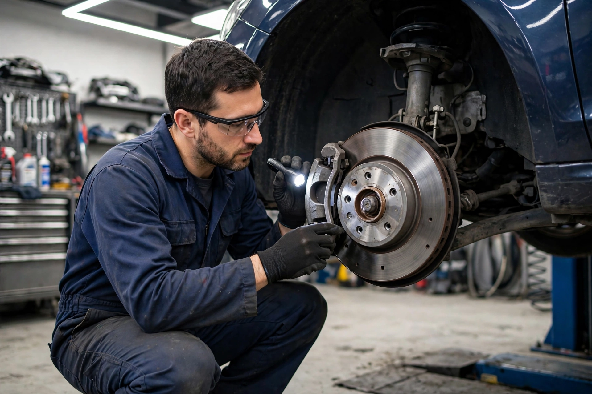 Mechanic inspecting car brakes that are squealing in a Dubai workshop