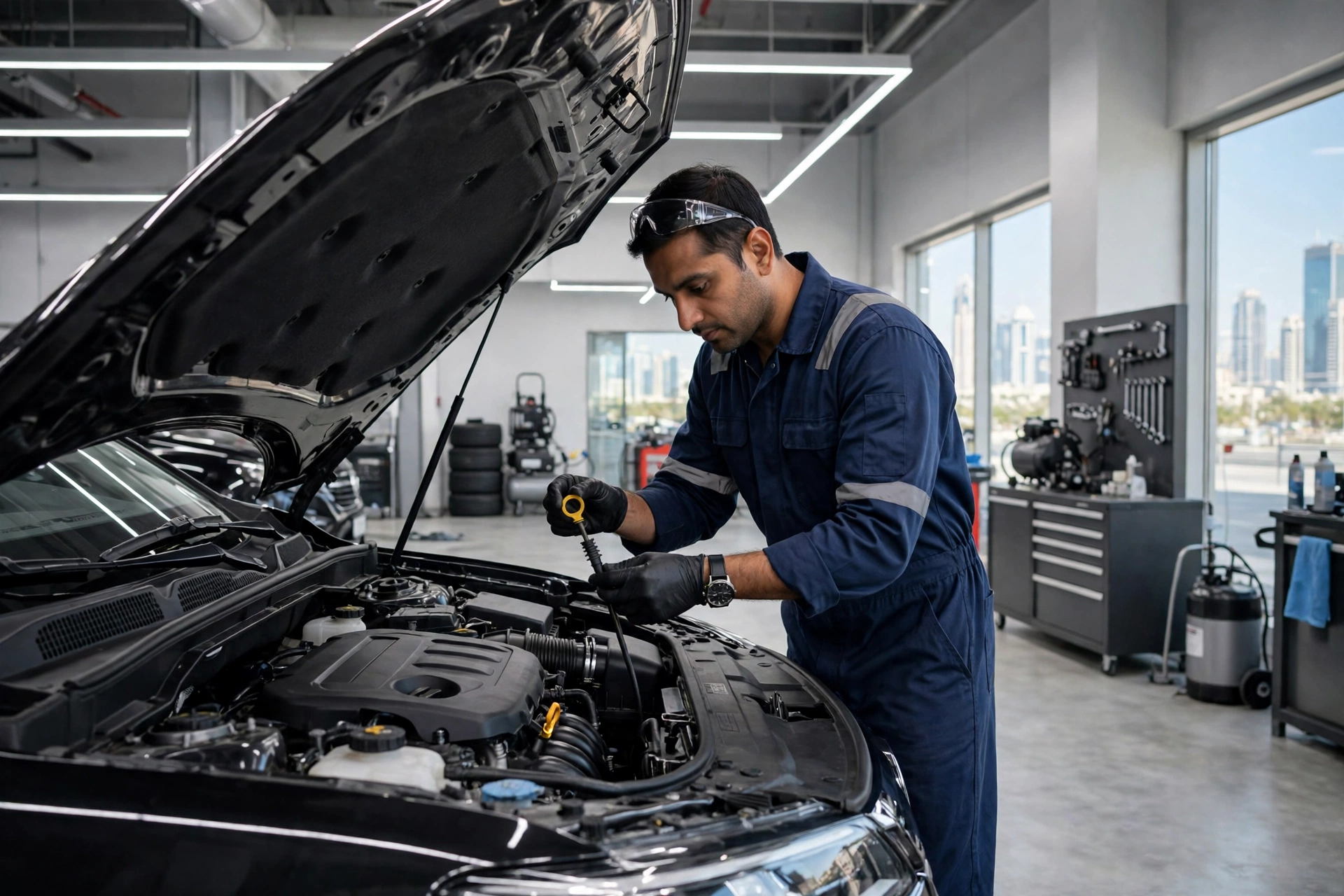 Car on a lift at an auto service center during a car service schedule in Dubai