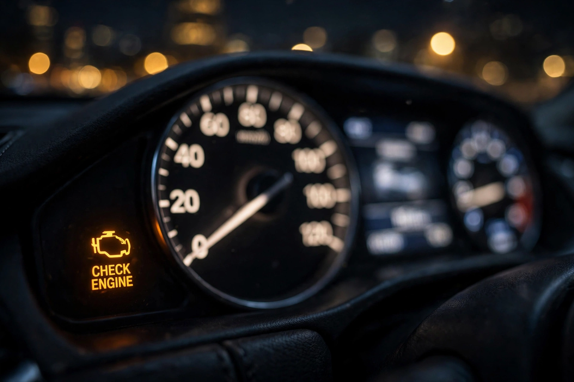 Check engine light glowing on a car dashboard in Dubai