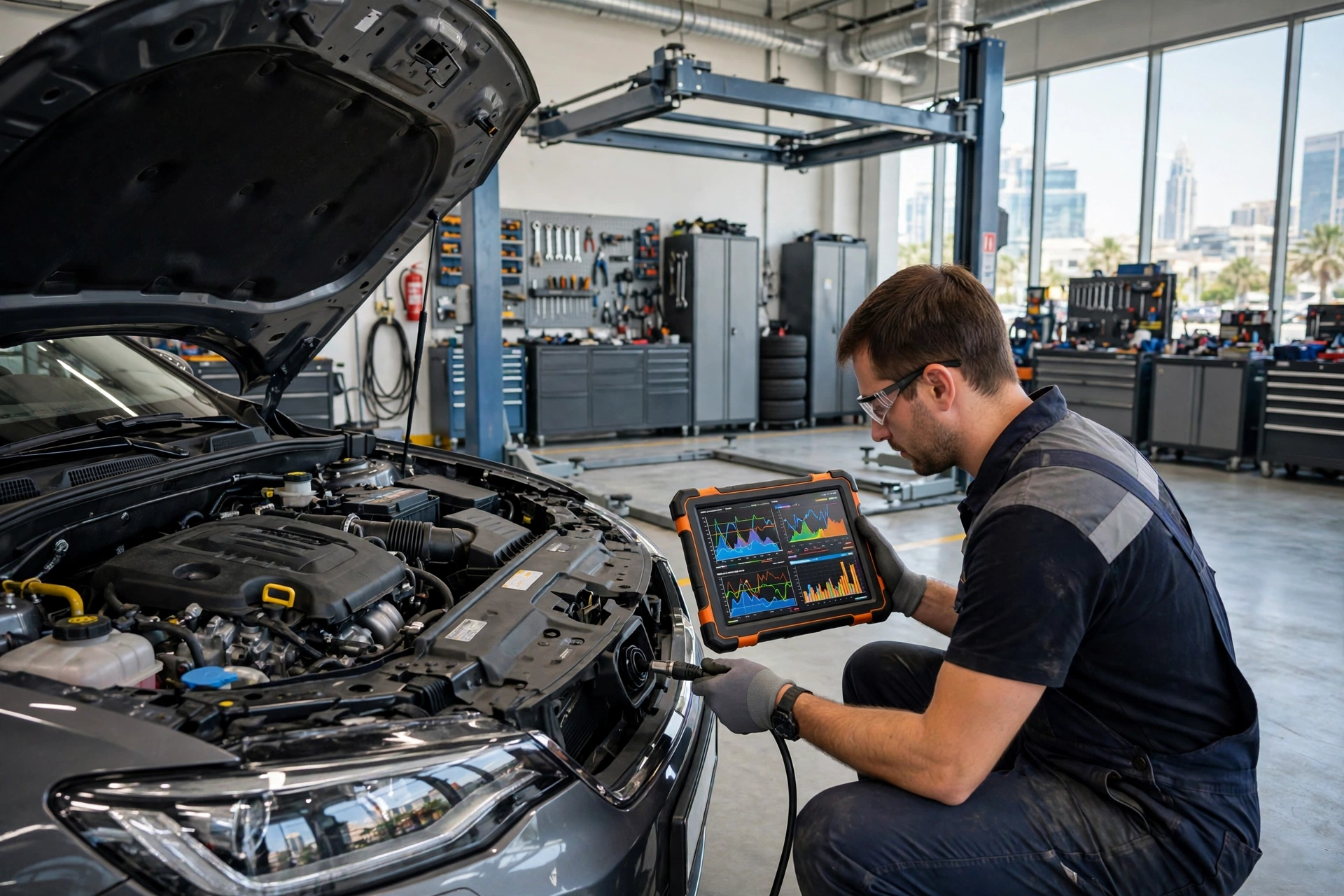 Mechanic running a computer diagnostic scan on a car in Dubai