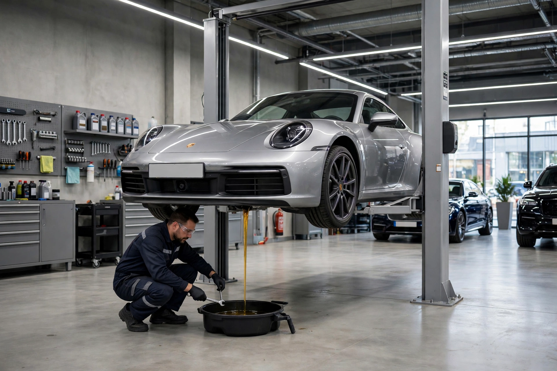 Mechanic performing an oil change service on a Porsche in Dubai