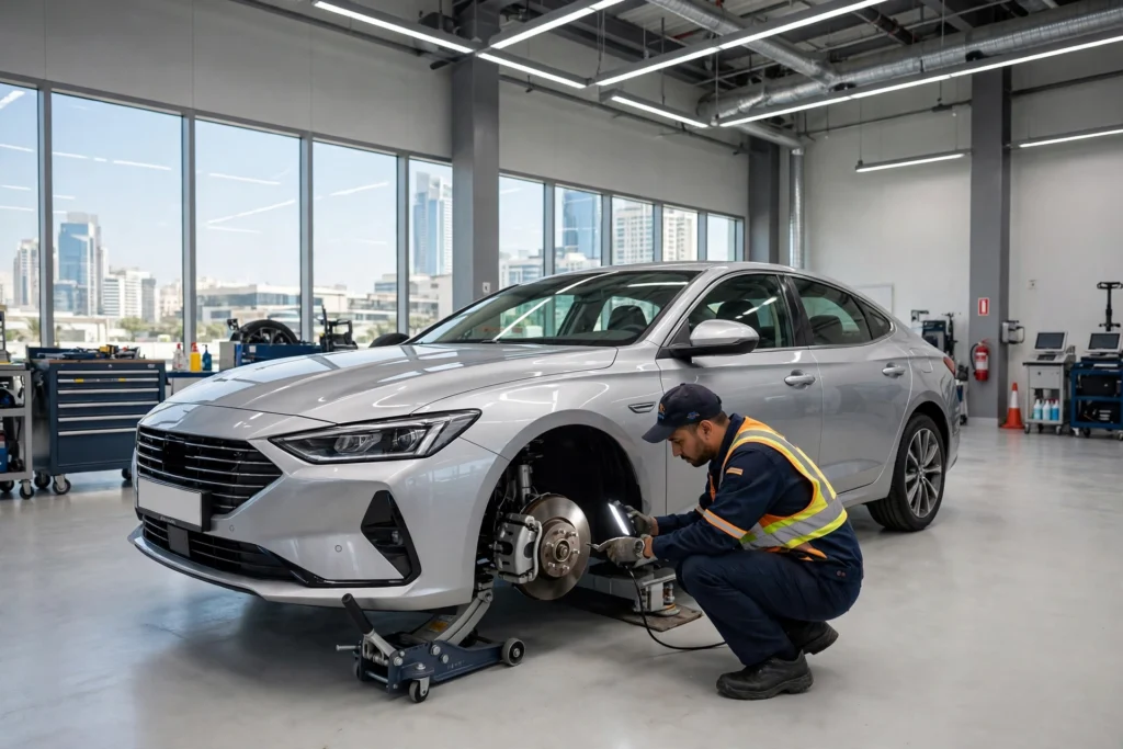 Car at a vehicle inspection centre in Dubai with a technician checking the vehicle for RTA vehicle testing Dubai