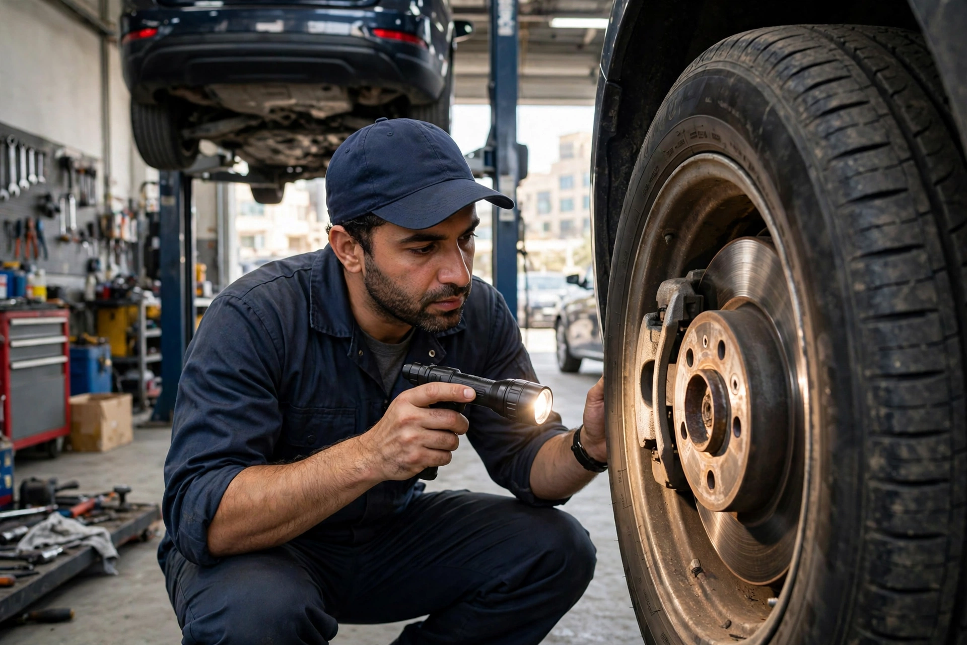 Mechanic inspecting a car brake disc and tyre tread in a Dubai workshop before RTA vehicle testing Dubai