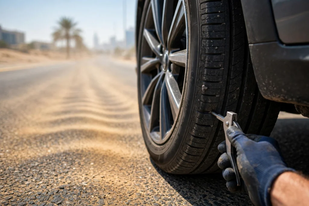 Car tyre tread check on a hot Dubai road for tyre care tips UAE