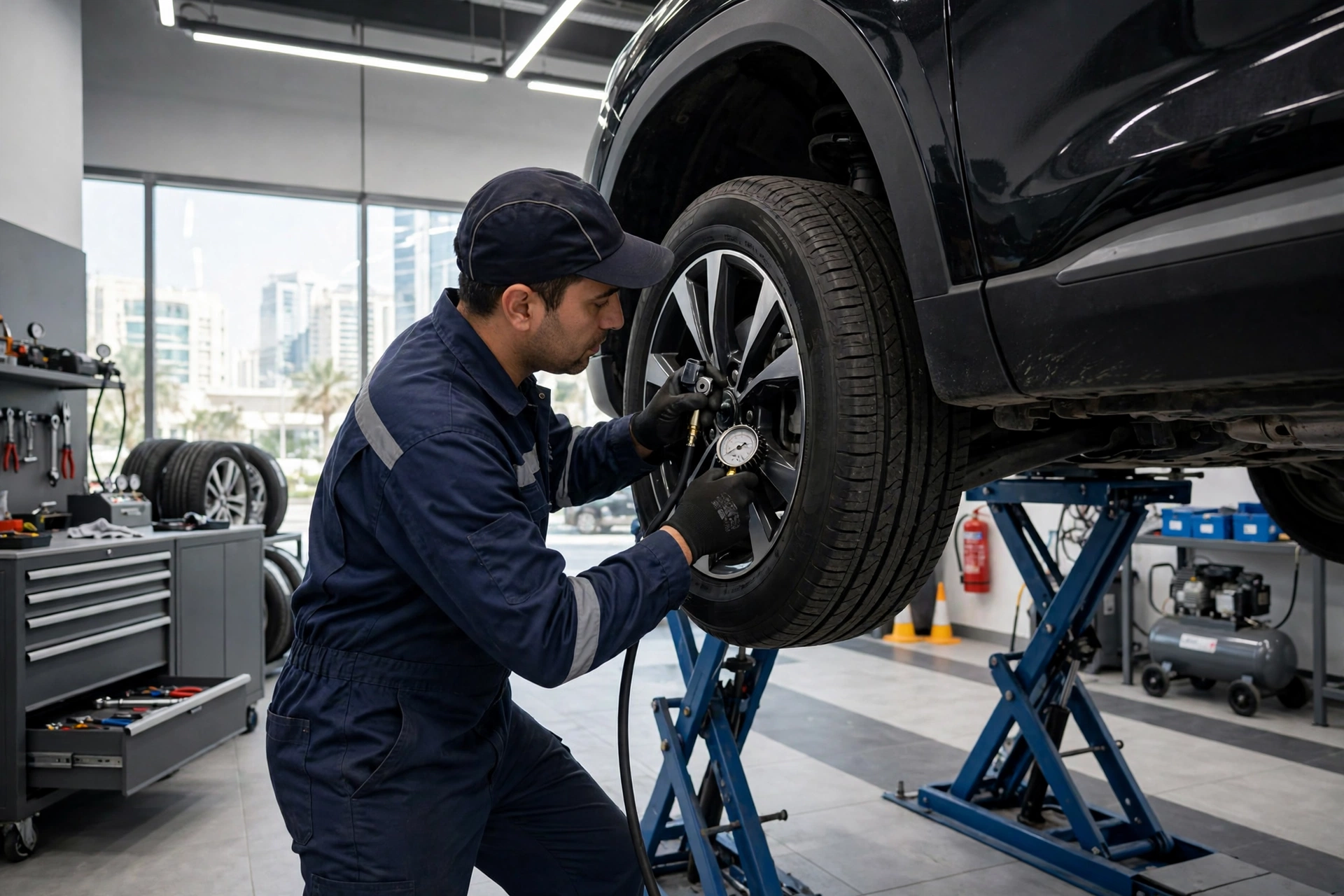 Technician checking tyre tread and pressure on a car in a Dubai workshop for tyre care tips UAE
