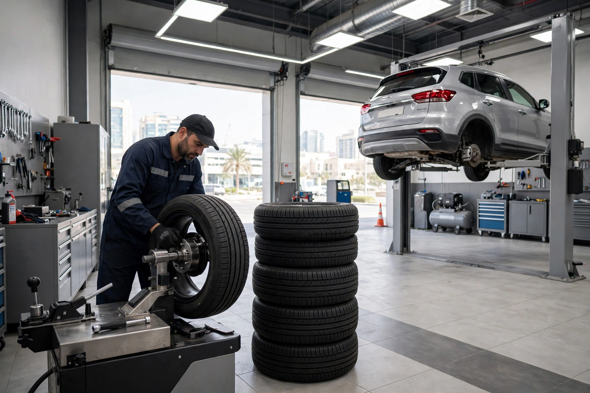 Mechanic fitting and balancing a car tyre in Dubai